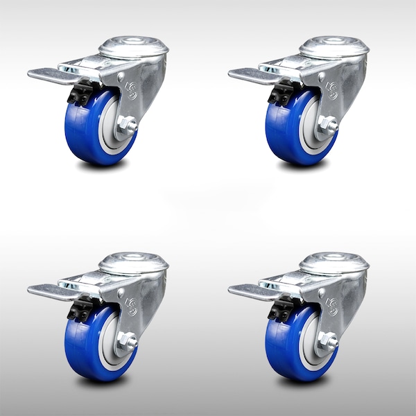 3 Inch SS Blue Polyurethane Swivel Bolt Hole Caster Set with Total Lock Brake